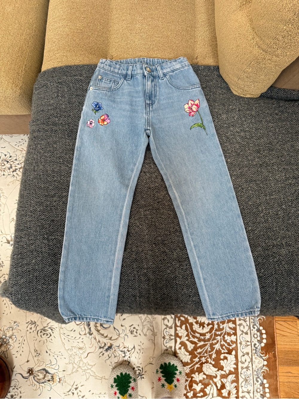 Girls Versace Light Blue Straight-Leg Jeans with Floral Embroidery